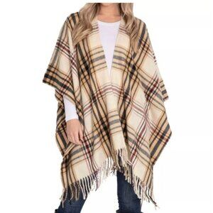 Woolrich Cozy Shawl Wrap Sienna Plaid OS Plaid Wool Shawl Wrap With Fringe